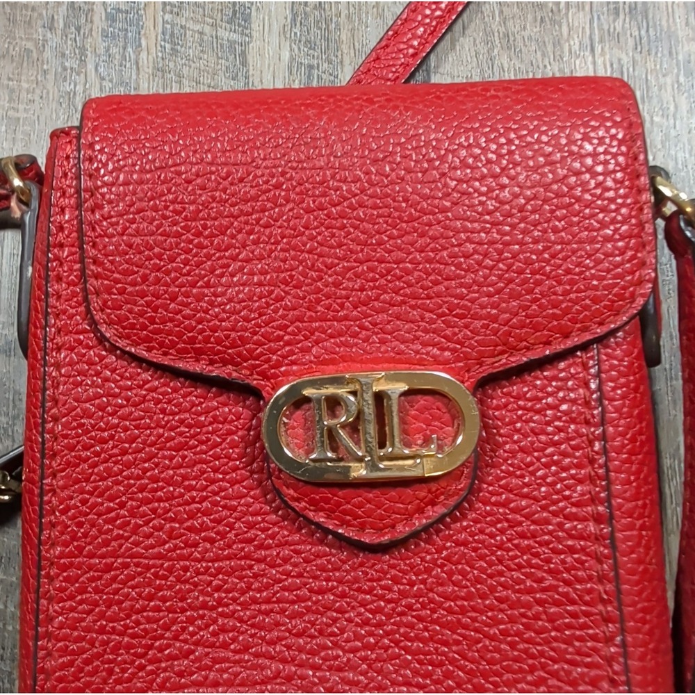 Lauren Ralph Lauren Jacquard Phone Crossbody Bag Red Pebbled Cow Leather Small - Picture 8 of 10